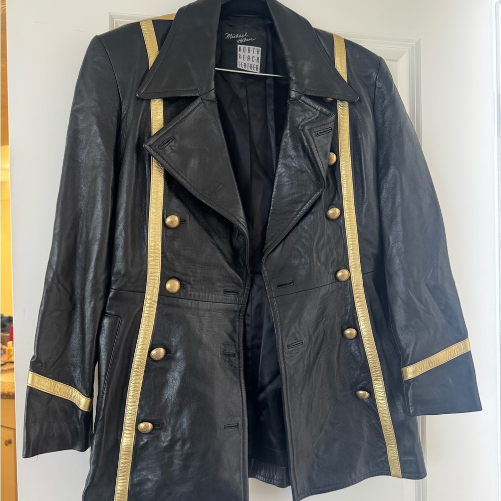 Michael Hoban Black Leather Jacket with Gold Trim